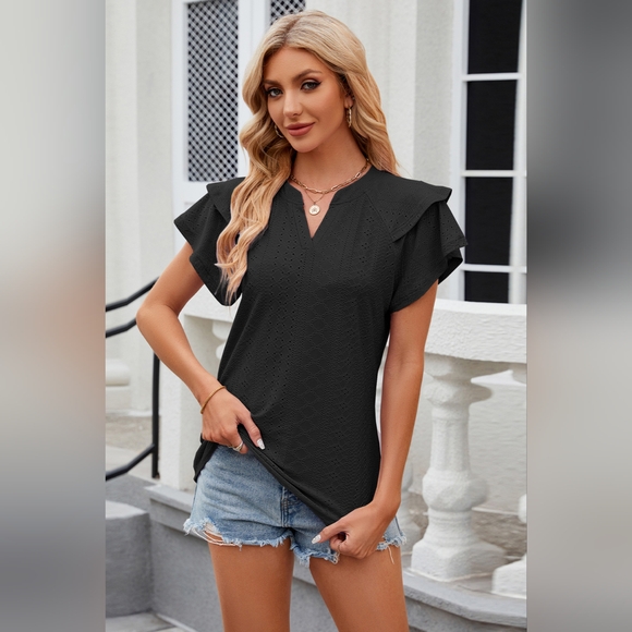 Eyelet Notched Short Sleeve T-Shirt - Picture 2 of 5